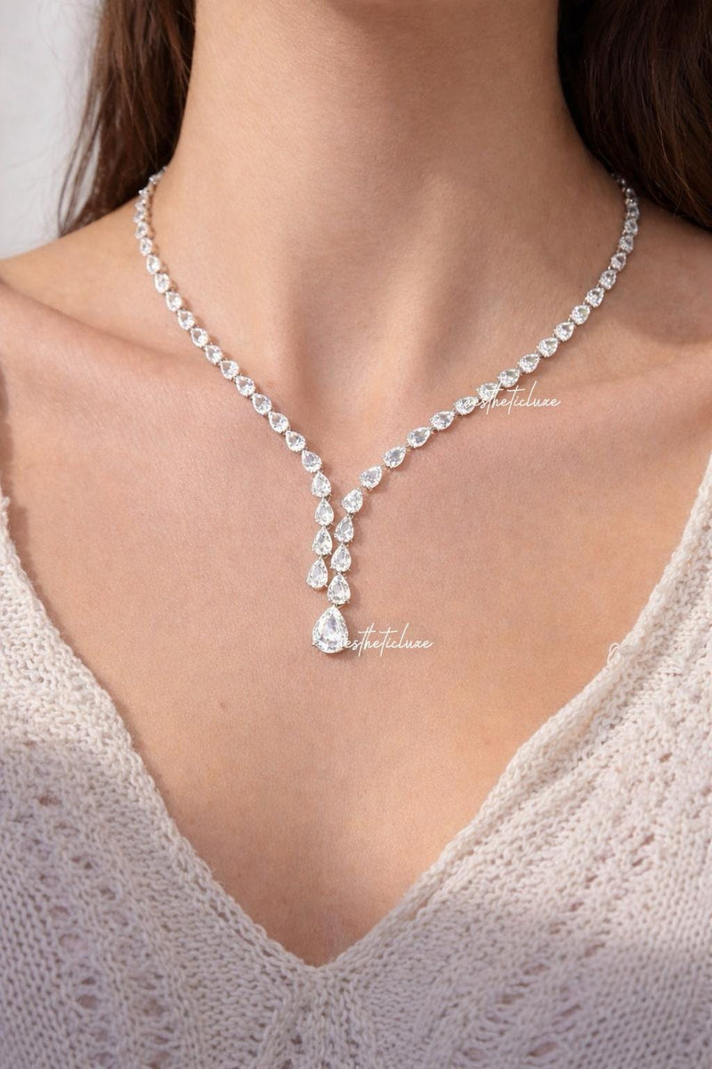Water Drop Cubic Zirconia Crystal Tassel Earrings and Necklace Set With Ring & Bracelet