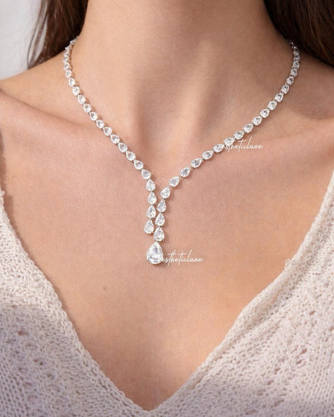 Water Drop Cubic Zirconia Crystal Tassel Earrings and Necklace Set With Ring & Bracelet