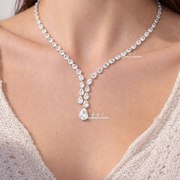 Water Drop Cubic Zirconia Crystal Tassel Earrings and Necklace Set With Ring & Bracelet
