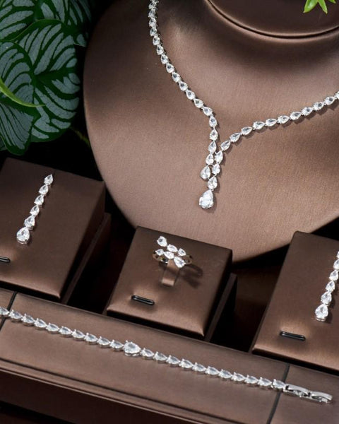 Water Drop Cubic Zirconia Crystal Tassel Earrings and Necklace Set With Ring & Bracelet