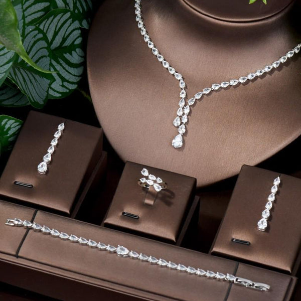 Water Drop Cubic Zirconia Crystal Tassel Earrings and Necklace Set With Ring & Bracelet