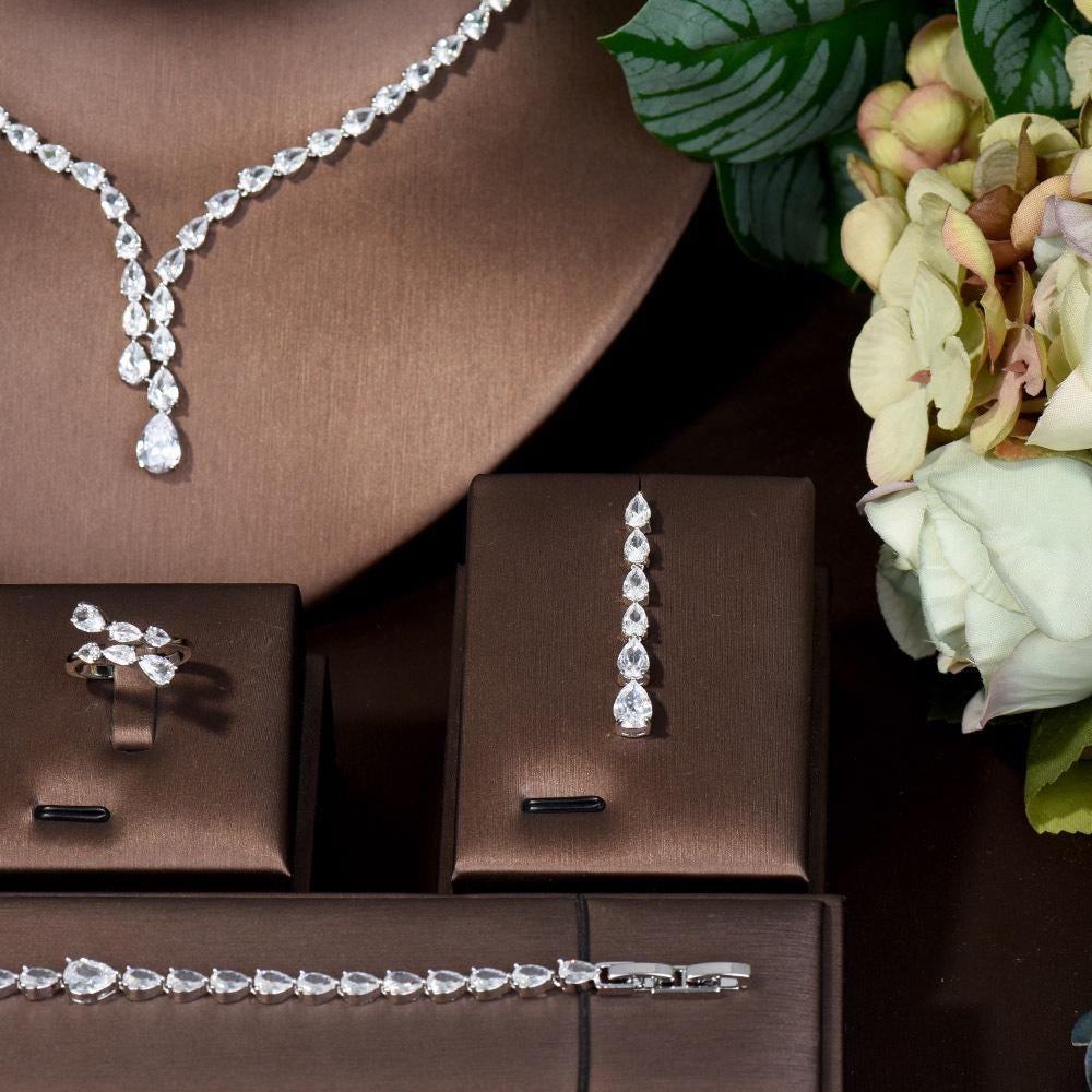 Water Drop Cubic Zirconia Crystal Tassel Earrings and Necklace Set With Ring & Bracelet