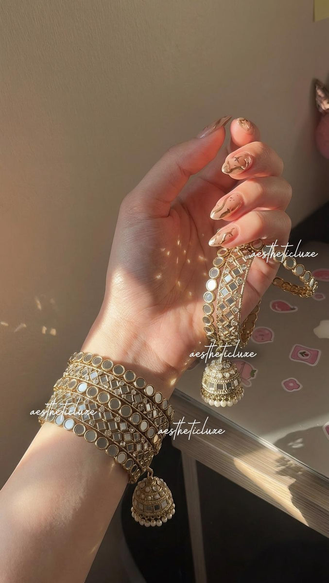 Champagne Gold Jhumka Bangle Set, Kundan Bridal Chura, Indian Wedding Bangles, Pakistani Jewelry, Mehndi Sangeet Bridal Set
