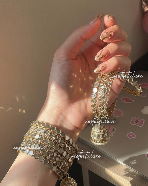 Champagne Gold Jhumka Bangle Set, Kundan Bridal Chura, Indian Wedding Bangles, Pakistani Jewelry, Mehndi Sangeet Bridal Set
