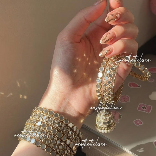 Champagne Gold Jhumka Bangle Set, Kundan Bridal Chura, Indian Wedding Bangles, Pakistani Jewelry, Mehndi Sangeet Bridal Set