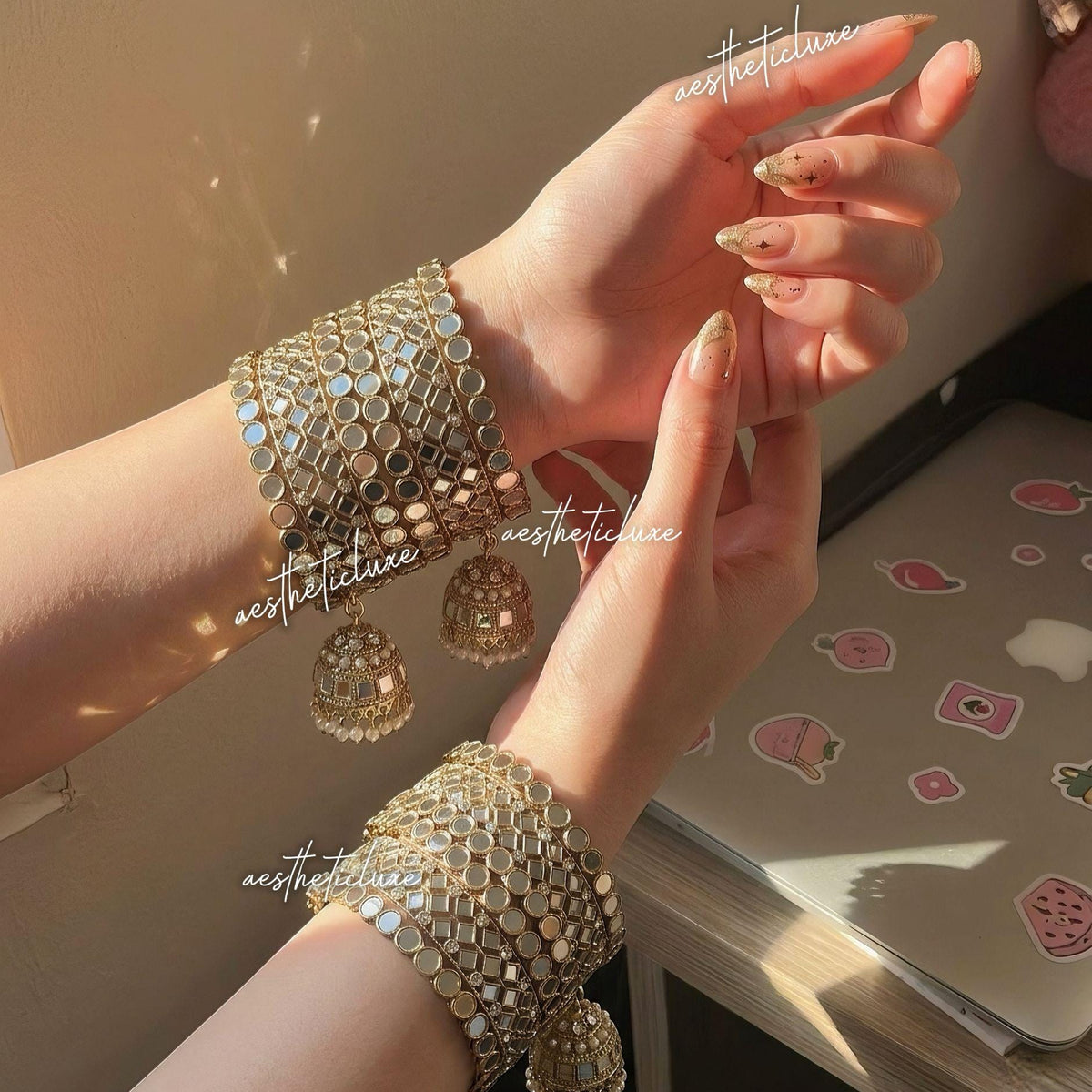 Champagne Gold Jhumka Bangle Set, Kundan Bridal Chura, Indian Wedding Bangles, Pakistani Jewelry, Mehndi Sangeet Bridal Set