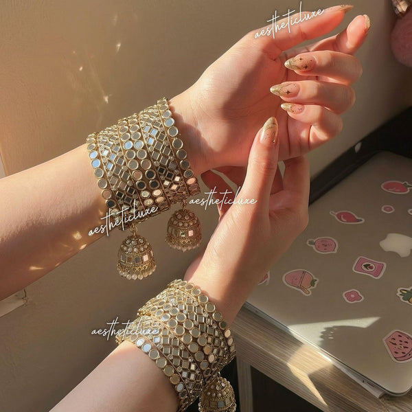 Champagne Gold Jhumka Bangle Set, Kundan Bridal Chura, Indian Wedding Bangles, Pakistani Jewelry, Mehndi Sangeet Bridal Set