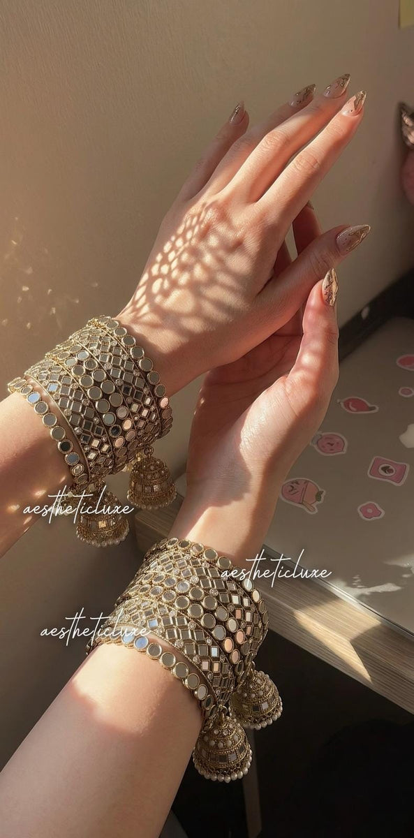 Champagne Gold Jhumka Bangle Set, Kundan Bridal Chura, Indian Wedding Bangles, Pakistani Jewelry, Mehndi Sangeet Bridal Set