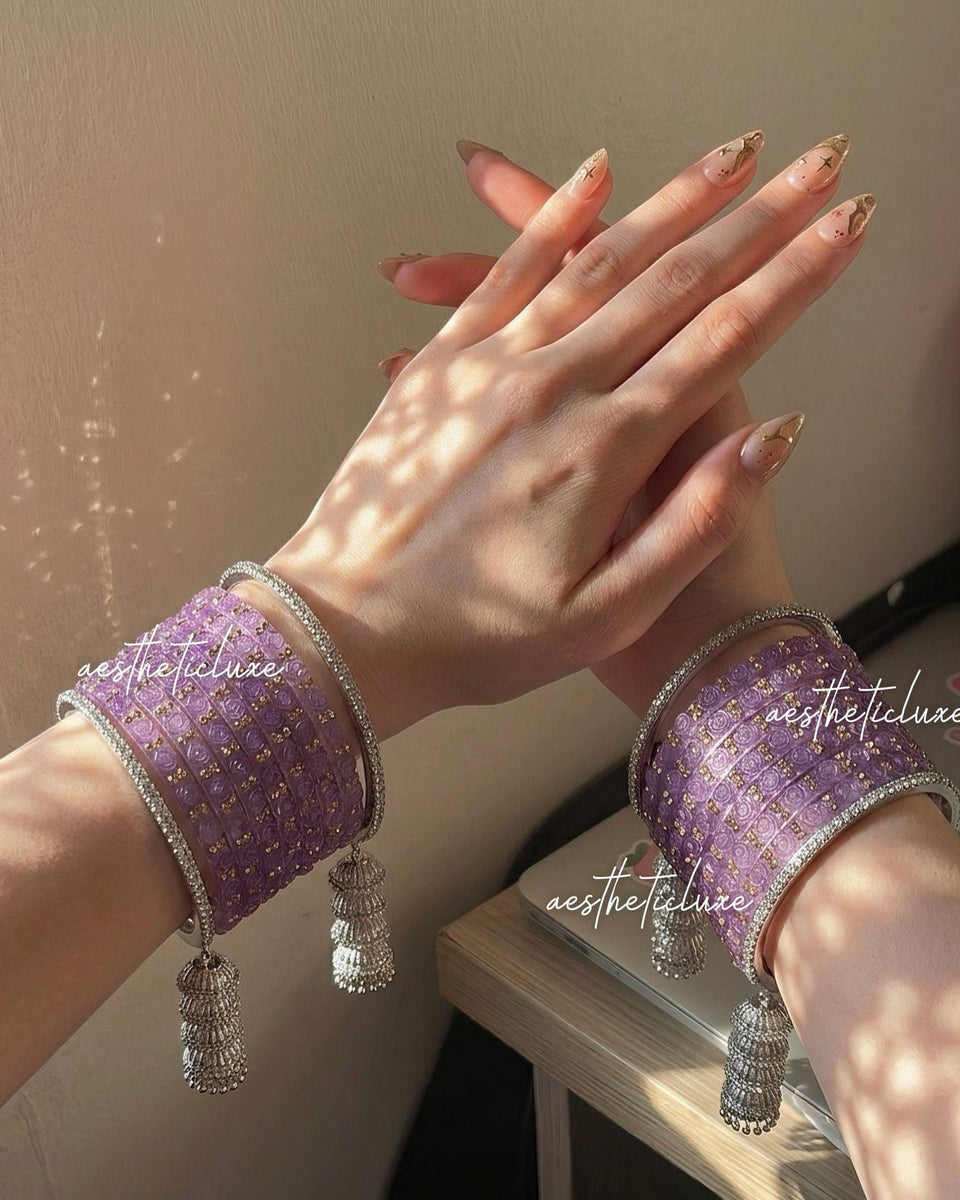 Kaleera Style Latkan Jhumka Bangles | Silver Polki Jumka Kade | Mehndi Sangeet Jewelry Gift | Purple Glass Bridal Bangles | Raindrop Bangle