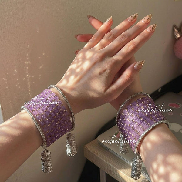 Kaleera Style Latkan Jhumka Bangles | Silver Polki Jumka Kade | Mehndi Sangeet Jewelry Gift | Purple Glass Bridal Bangles | Raindrop Bangle