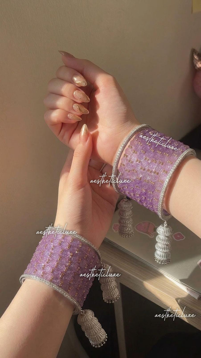 Kaleera Style Latkan Jhumka Bangles | Silver Polki Jumka Kade | Mehndi Sangeet Jewelry Gift | Purple Glass Bridal Bangles | Raindrop Bangle