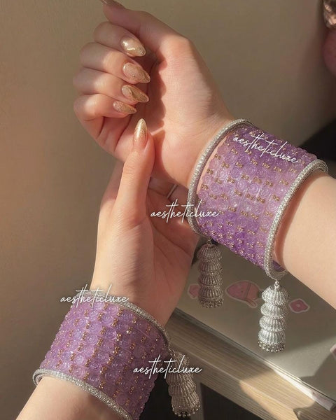 Kaleera Style Latkan Jhumka Bangles | Silver Polki Jumka Kade | Mehndi Sangeet Jewelry Gift | Purple Glass Bridal Bangles | Raindrop Bangle