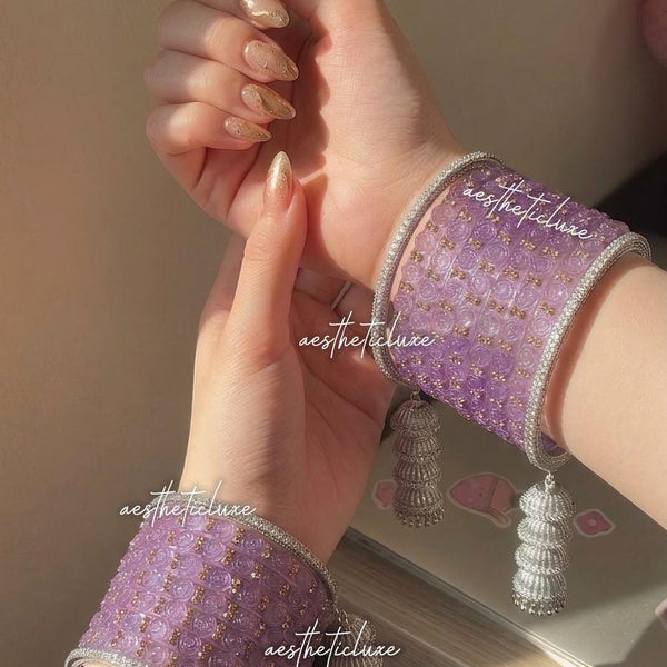 Kaleera Style Latkan Jhumka Bangles | Silver Polki Jumka Kade | Mehndi Sangeet Jewelry Gift | Purple Glass Bridal Bangles | Raindrop Bangle