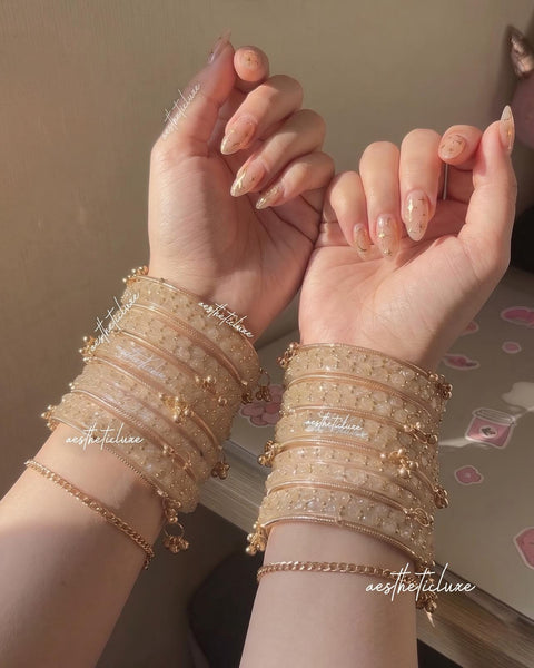 Beige Glass Bangles Set | Kashmiri Gold Ghungroo Bangles  | Light Golden Glass Bridal Bangles | Rose Pattern Raindrop Bangle