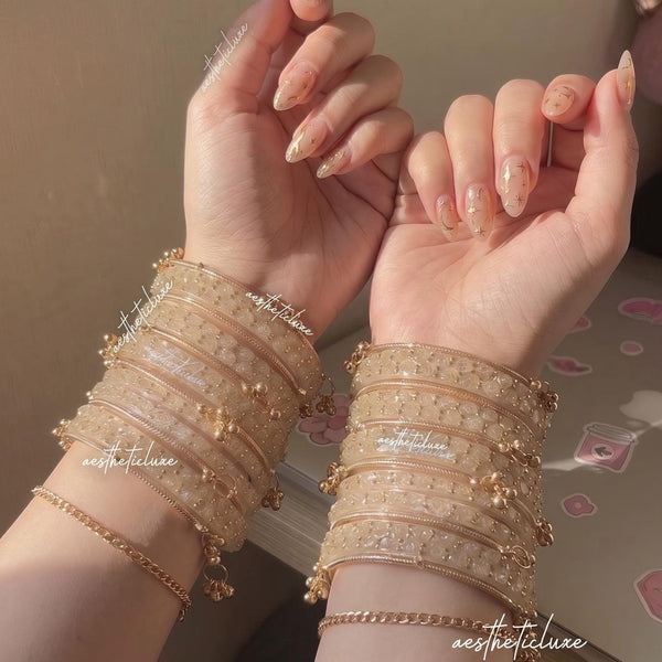 Beige Glass Bangles Set | Kashmiri Gold Ghungroo Bangles  | Light Golden Glass Bridal Bangles | Rose Pattern Raindrop Bangle