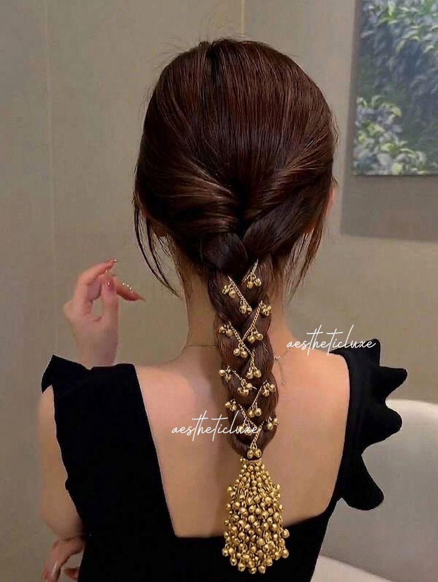 Kashmiri Ghungroo Golden Paranda | Bridal Hair Accessory with Tassels | Punjabi Parandi Braid Jewelry | Indian Wedding Hair Jewelry