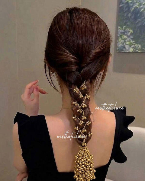 Kashmiri Ghungroo Golden Paranda | Bridal Hair Accessory with Tassels | Punjabi Parandi Braid Jewelry | Indian Wedding Hair Jewelry