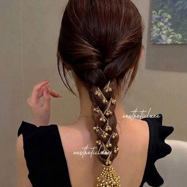 Kashmiri Ghungroo Golden Paranda | Bridal Hair Accessory with Tassels | Punjabi Parandi Braid Jewelry | Indian Wedding Hair Jewelry