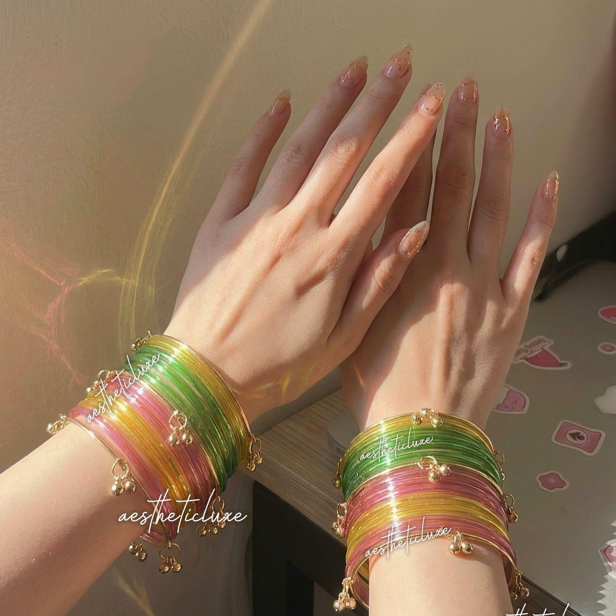 Multicolor Jelly Glass Bangles Set | Rainbow Jelly Glass Bangles Set | Kashmiri Golden Ghungroo Bangles | Clear Glass Bangles Set
