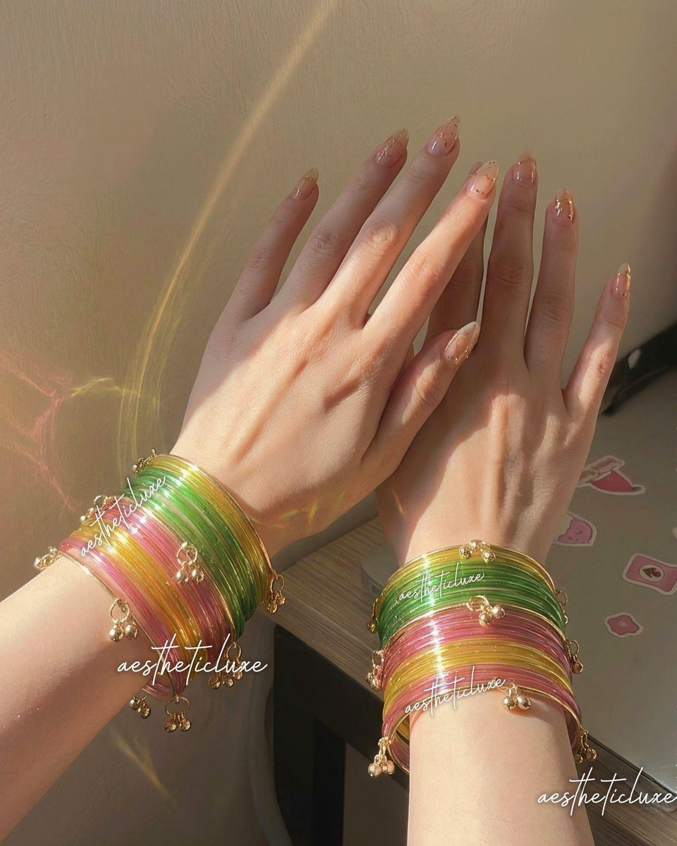 Multicolor Jelly Glass Bangles Set | Rainbow Jelly Glass Bangles Set | Kashmiri Golden Ghungroo Bangles | Clear Glass Bangles Set