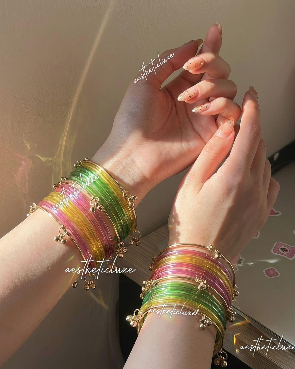 Multicolor Jelly Glass Bangles Set | Rainbow Jelly Glass Bangles Set | Kashmiri Golden Ghungroo Bangles | Clear Glass Bangles Set