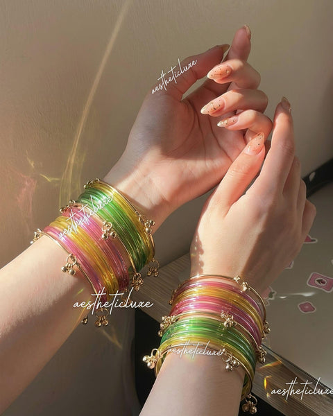 Multicolor Jelly Glass Bangles Set | Rainbow Jelly Glass Bangles Set | Kashmiri Golden Ghungroo Bangles | Clear Glass Bangles Set