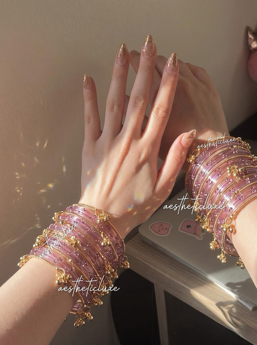 Pink Kashmiri Ghungroo Bangles Set | Bridal Churiya | Gold and Silver Ghungroo Bangles | Trending Pink Glass Raindrop Bangles