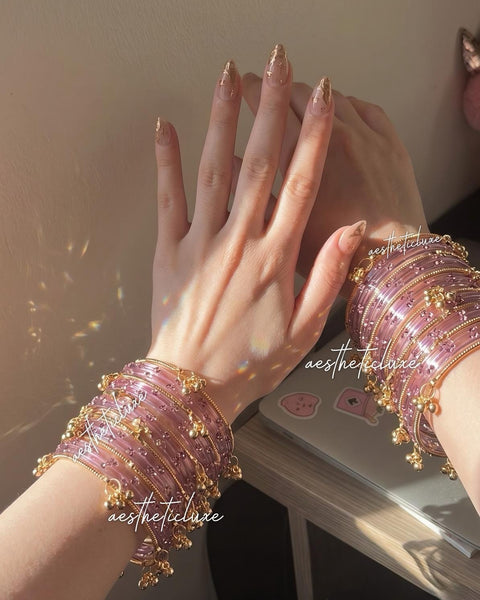 Pink Kashmiri Ghungroo Bangles Set | Bridal Churiya | Gold and Silver Ghungroo Bangles | Trending Pink Glass Raindrop Bangles