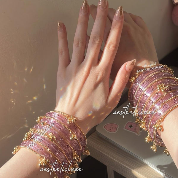 Pink Kashmiri Ghungroo Bangles Set | Bridal Churiya | Gold and Silver Ghungroo Bangles | Trending Pink Glass Raindrop Bangles