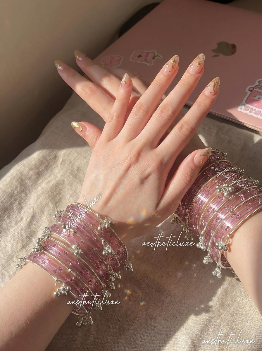 Pink Kashmiri Ghungroo Bangles Set | Bridal Churiya | Gold and Silver Ghungroo Bangles | Trending Pink Glass Raindrop Bangles