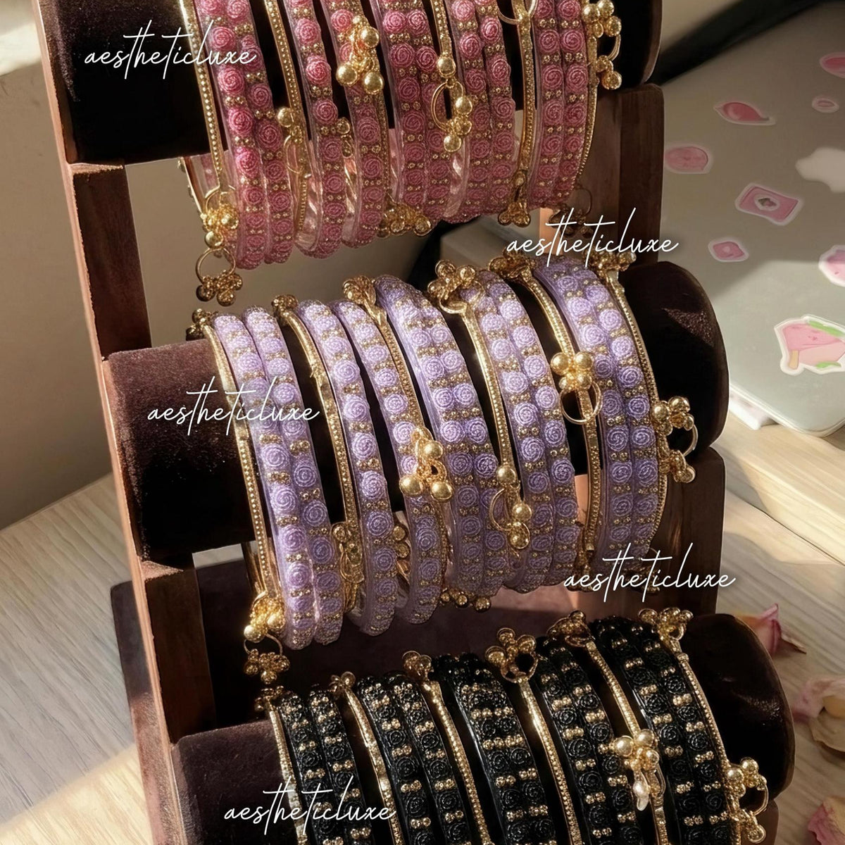 Raindrop Rose Glass and Kashmiri Ghungroo Bangles Sets | Ghungroo Gold Bangles | 3 Set Glass Bridal Churiya | Trending Raindrop Bangles