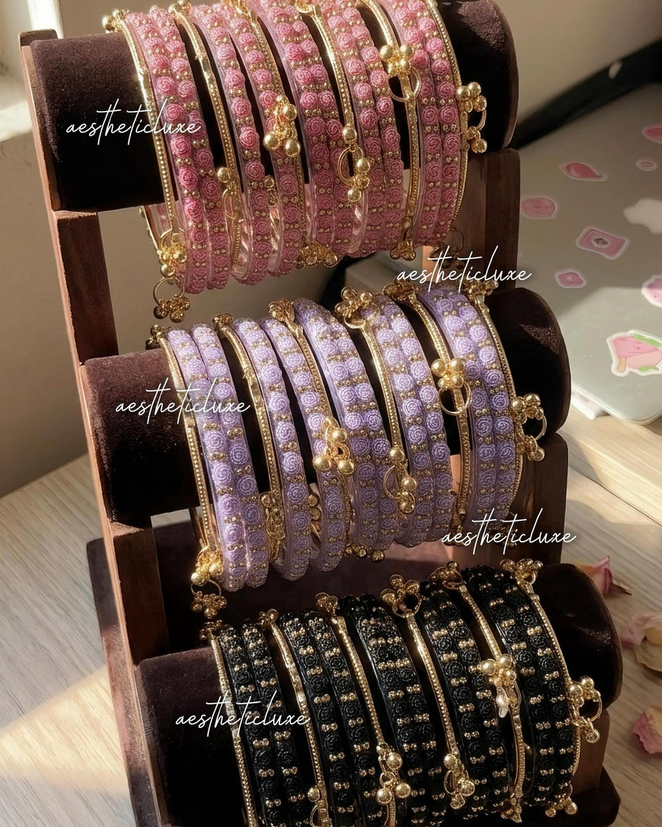 Raindrop Rose Glass and Kashmiri Ghungroo Bangles Sets | Ghungroo Gold Bangles | 3 Set Glass Bridal Churiya | Trending Raindrop Bangles