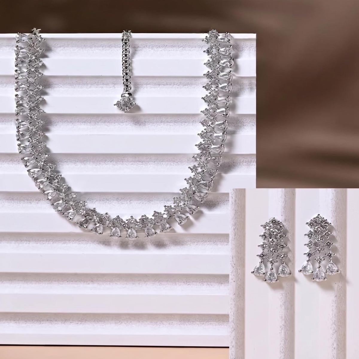 Crystal Bridal Necklace Set, Silver Statement Necklace with Earrings, Wedding Jewelry Set, Cubic Zirconia Choker, Bridal Accessories
