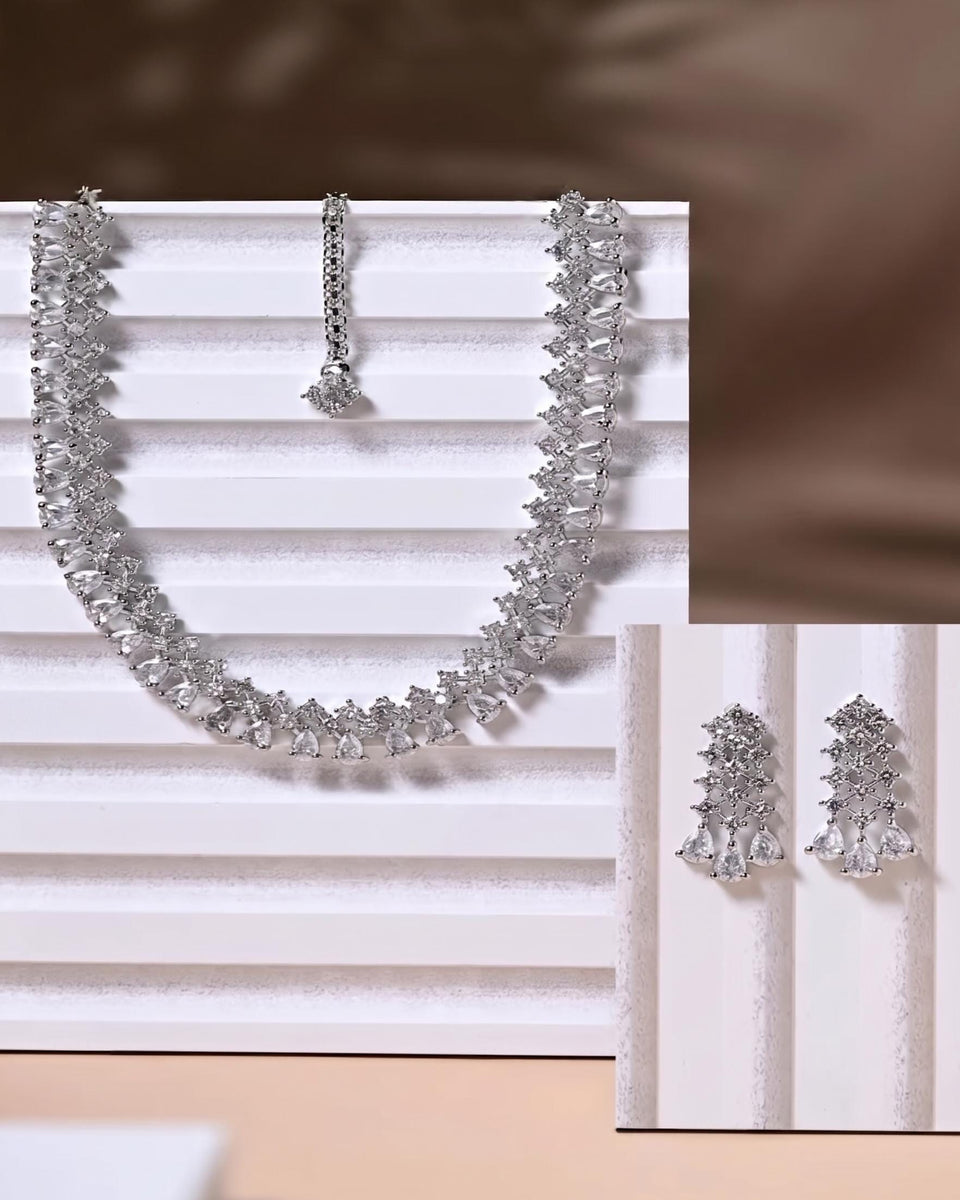 Crystal Bridal Necklace Set, Silver Statement Necklace with Earrings, Wedding Jewelry Set, Cubic Zirconia Choker, Bridal Accessories
