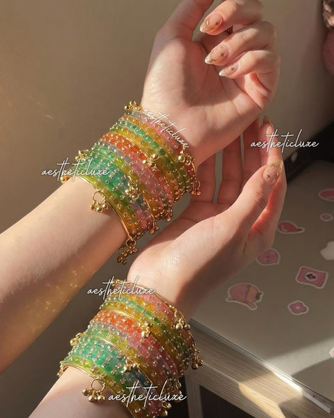 Rainbow Glass Bangles Set | Kashmiri Gold Ghungroo Bangles  | Multicolor Glass Bridal Bangles | Rose Pattern Raindrop Bangle