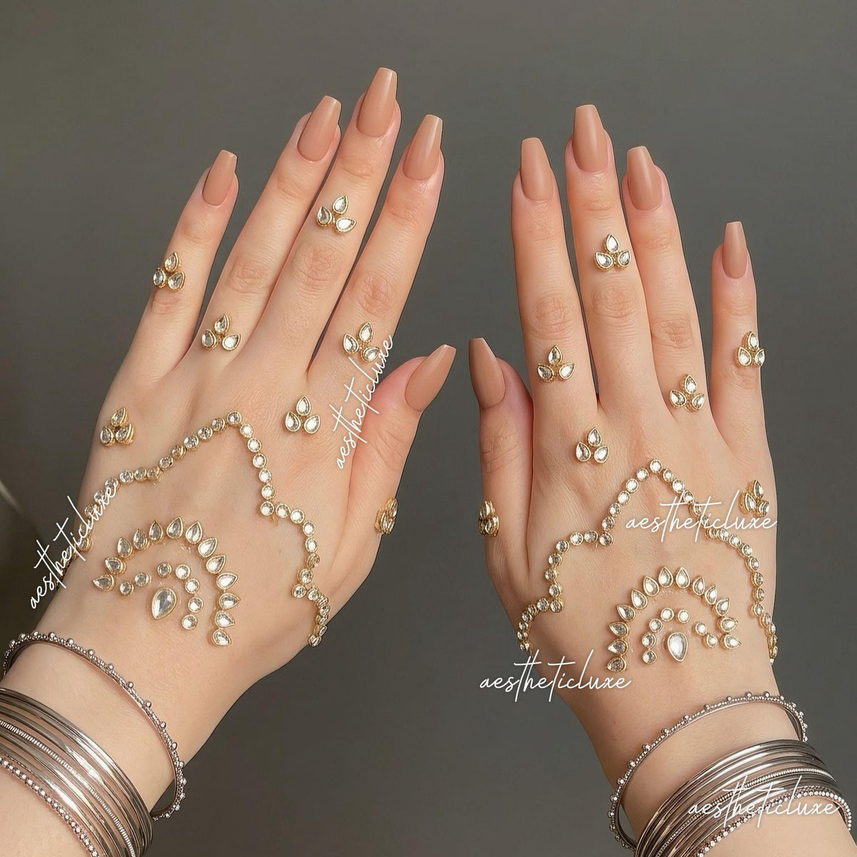 Kundan Mehndi Hand Sticker | Reusable Indian Pakistani Bridal Hand Jewelry for Mehndi, Sangeet & Walima | Henna Mirror Work with Beads Gems
