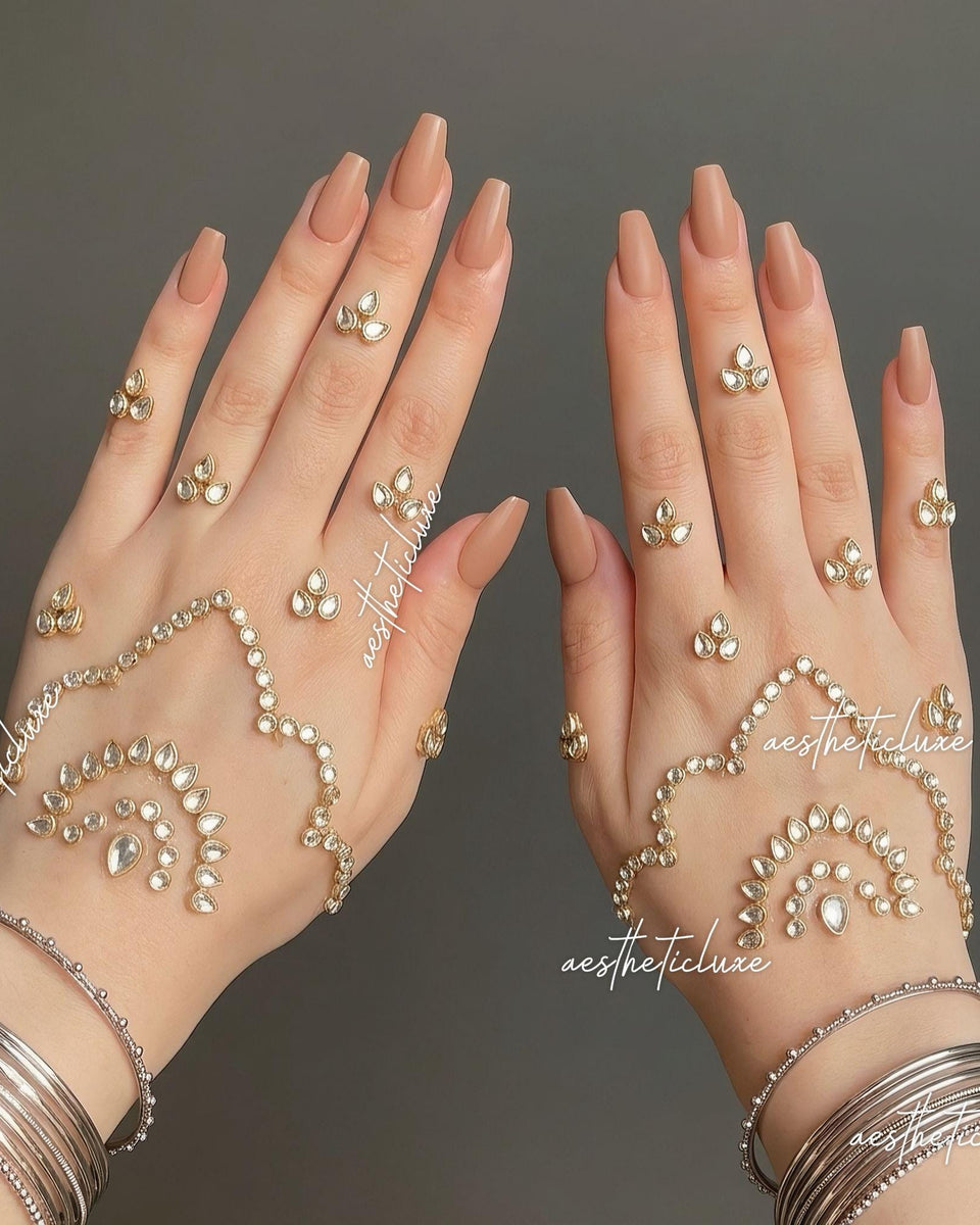 Kundan Mehndi Hand Sticker | Reusable Indian Pakistani Bridal Hand Jewelry for Mehndi, Sangeet & Walima | Henna Mirror Work with Beads Gems