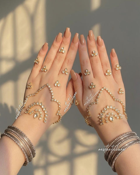 Kundan Mehndi Hand Sticker | Reusable Indian Pakistani Bridal Hand Jewelry for Mehndi, Sangeet & Walima | Henna Mirror Work with Beads Gems
