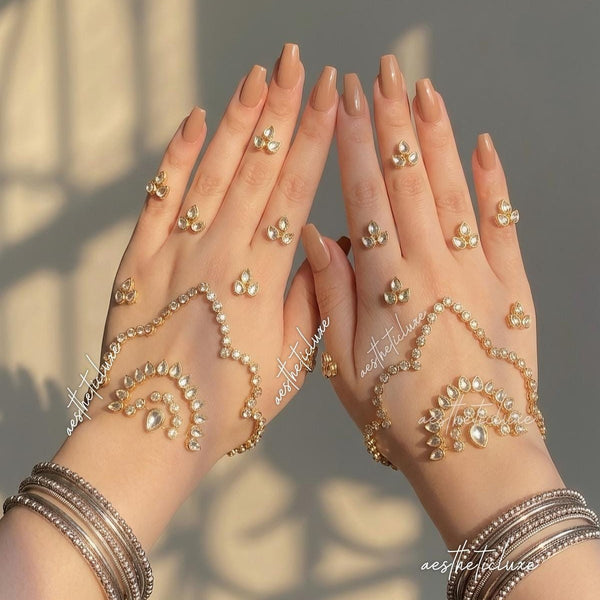 Kundan Mehndi Hand Sticker | Reusable Indian Pakistani Bridal Hand Jewelry for Mehndi, Sangeet & Walima | Henna Mirror Work with Beads Gems