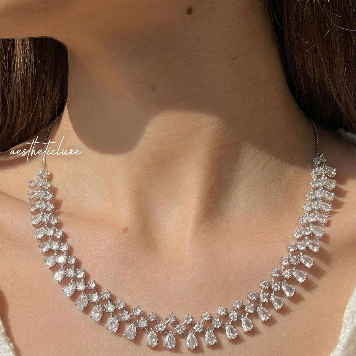 Crystal Bridal Necklace Set, Silver Statement Necklace with Earrings, Wedding Jewelry Set, Cubic Zirconia Choker, Bridal Accessories