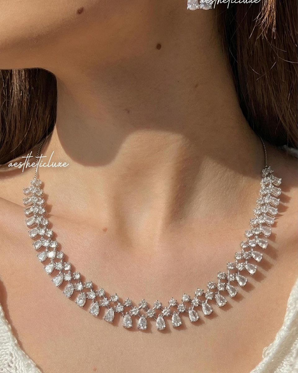 Crystal Bridal Necklace Set, Silver Statement Necklace with Earrings, Wedding Jewelry Set, Cubic Zirconia Choker, Bridal Accessories