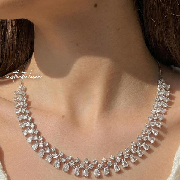 Crystal Bridal Necklace Set, Silver Statement Necklace with Earrings, Wedding Jewelry Set, Cubic Zirconia Choker, Bridal Accessories