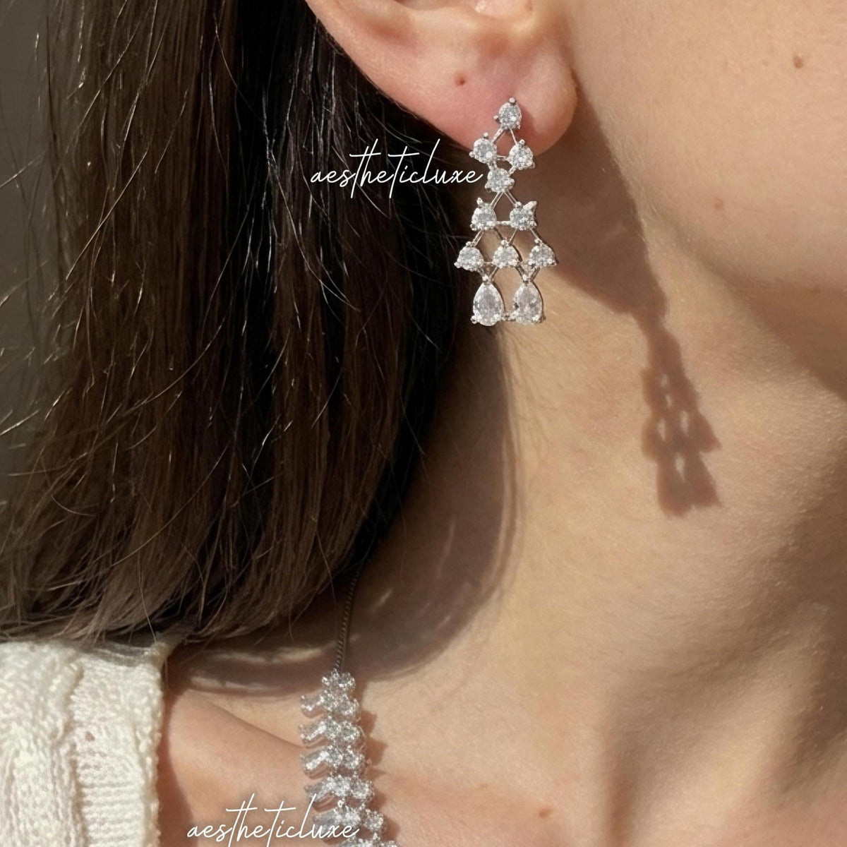 Crystal Bridal Necklace Set, Silver Statement Necklace with Earrings, Wedding Jewelry Set, Cubic Zirconia Choker, Bridal Accessories