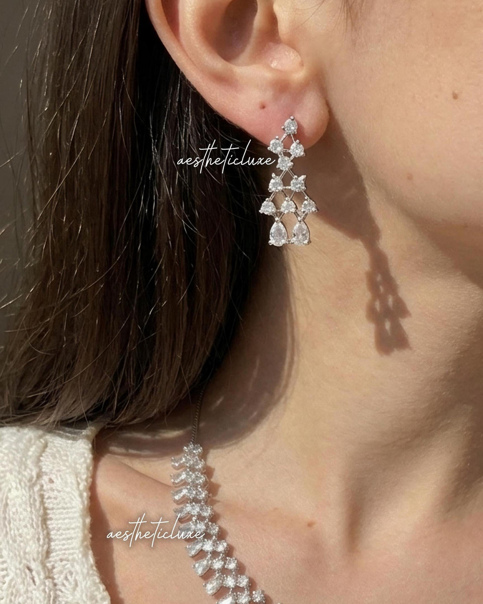 Crystal Bridal Necklace Set, Silver Statement Necklace with Earrings, Wedding Jewelry Set, Cubic Zirconia Choker, Bridal Accessories