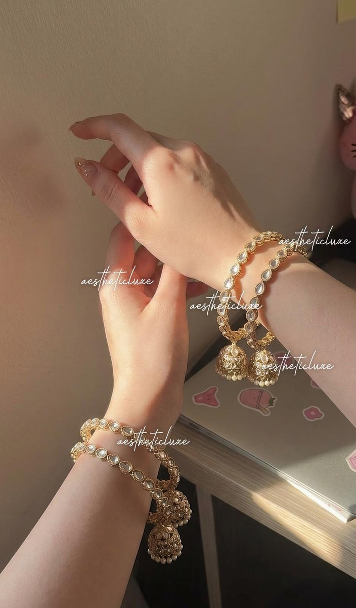 Kundan Gold Jhumka Bangle Set, Polki Style Bridal Chura, Indian Wedding Bangles, Pakistani Jewelry, Mehndi Sangeet Bridal Set
