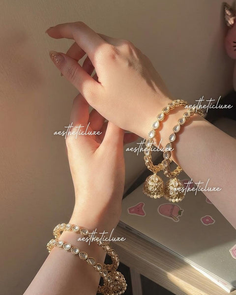 Kundan Gold Jhumka Bangle Set, Polki Style Bridal Chura, Indian Wedding Bangles, Mehndi Sangeet Bridal Set