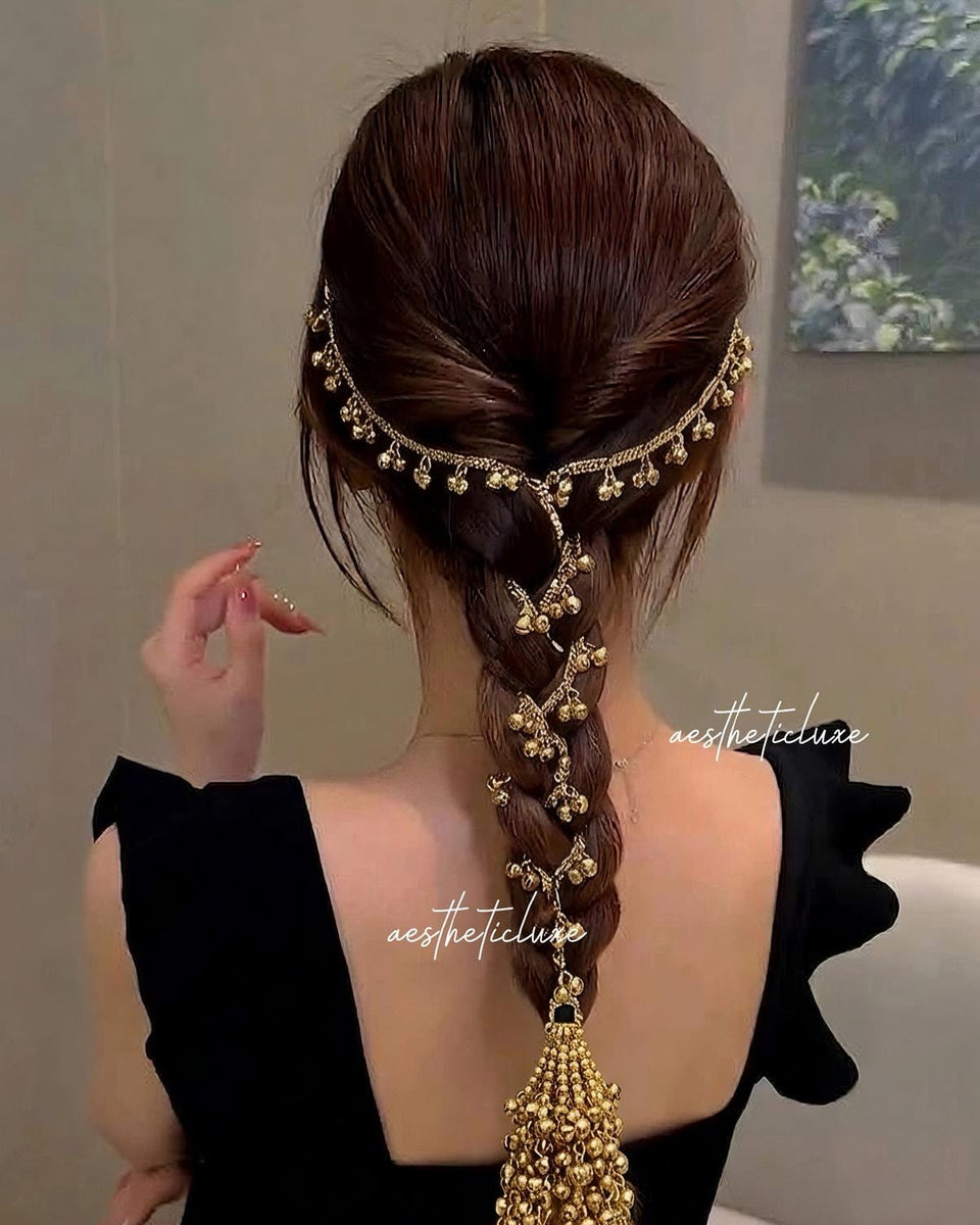 Kashmiri Ghungroo Golden Paranda | Bridal Hair Accessory with Tassels | Punjabi Parandi Braid Jewelry | Indian Wedding Hair Jewelry