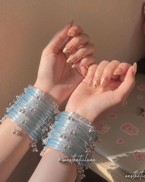 Blue Jelly Glass Bangles | Aqua Blue Jelly Bangles Set | Kashmiri Silver Ghungroo Bangles | Light Blue Glass Bangles  | Water Bangles