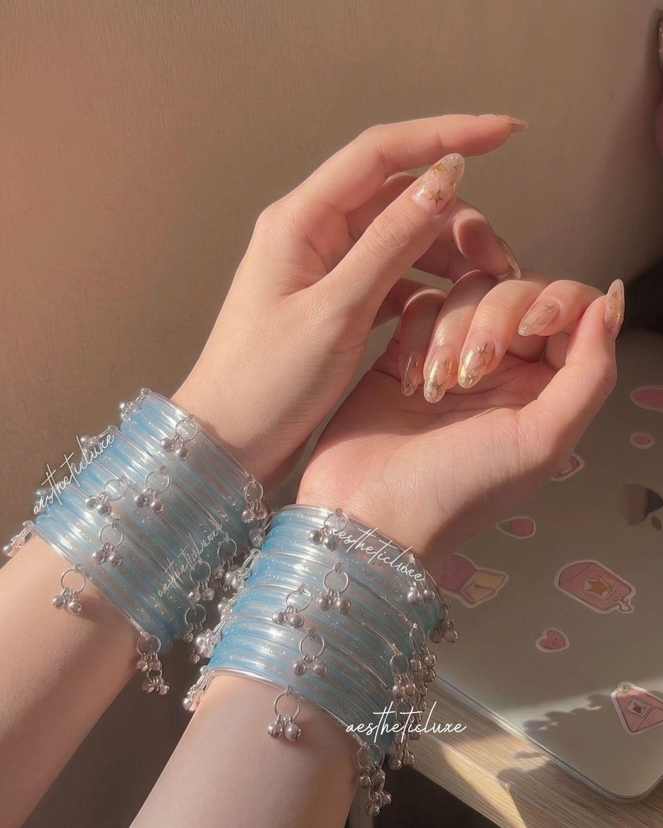 Blue Jelly Glass Bangles | Aqua Blue Jelly Bangles Set | Kashmiri Silver Ghungroo Bangles | Light Blue Glass Bangles  | Water Bangles