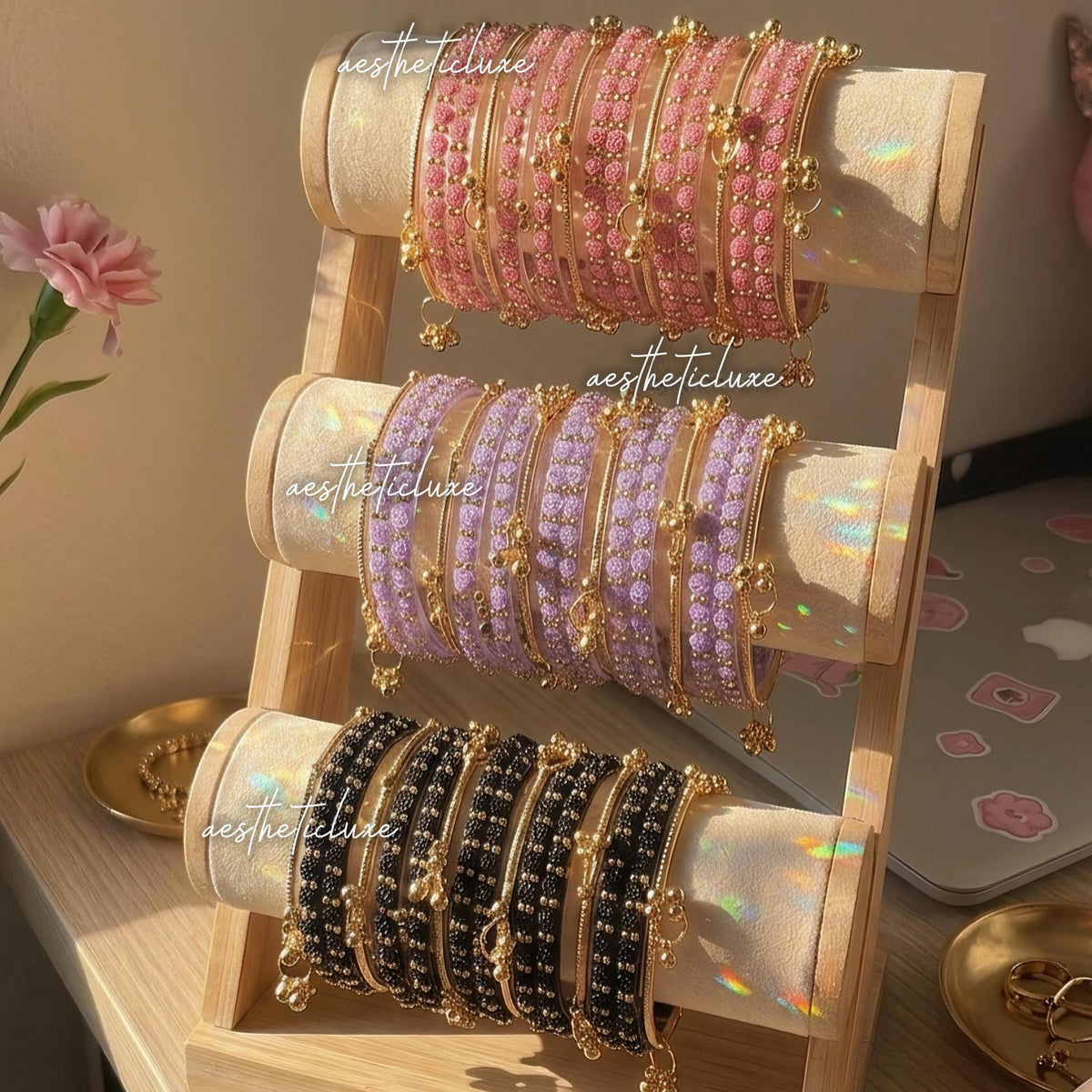 Raindrop Rose Glass and Kashmiri Ghungroo Bangles Sets | Ghungroo Gold Bangles | 3 Set Glass Bridal Churiya | Trending Raindrop Bangles